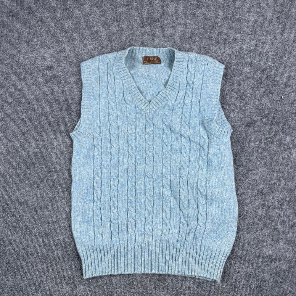 Thane Sweater Vest Mens Size L Blue Shetland Wool Cable Knit V-Neck Preppy Good
